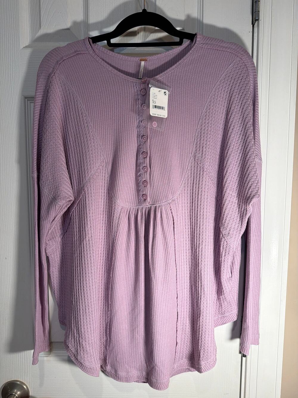 Free People Waffle Knit Henley Lace Placket Lavender Lilac Size XS NWT